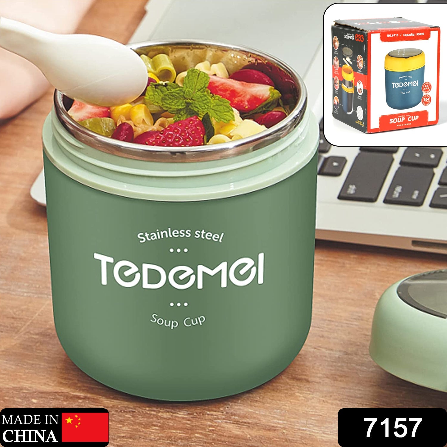 7157 Stainless Steel Solid Premium 1Pc Soup Container with Spoon and 1 Spoon On Soup Cup Top DeoDap 7157 Stainless Steel Solid Premium 1Pc Soup Container with Spoon and 1 Spoon On Soup Cup Top DeoDap